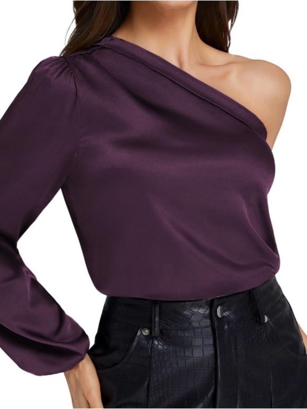 Alcott One-Shoulder Satin Blouse in Plum